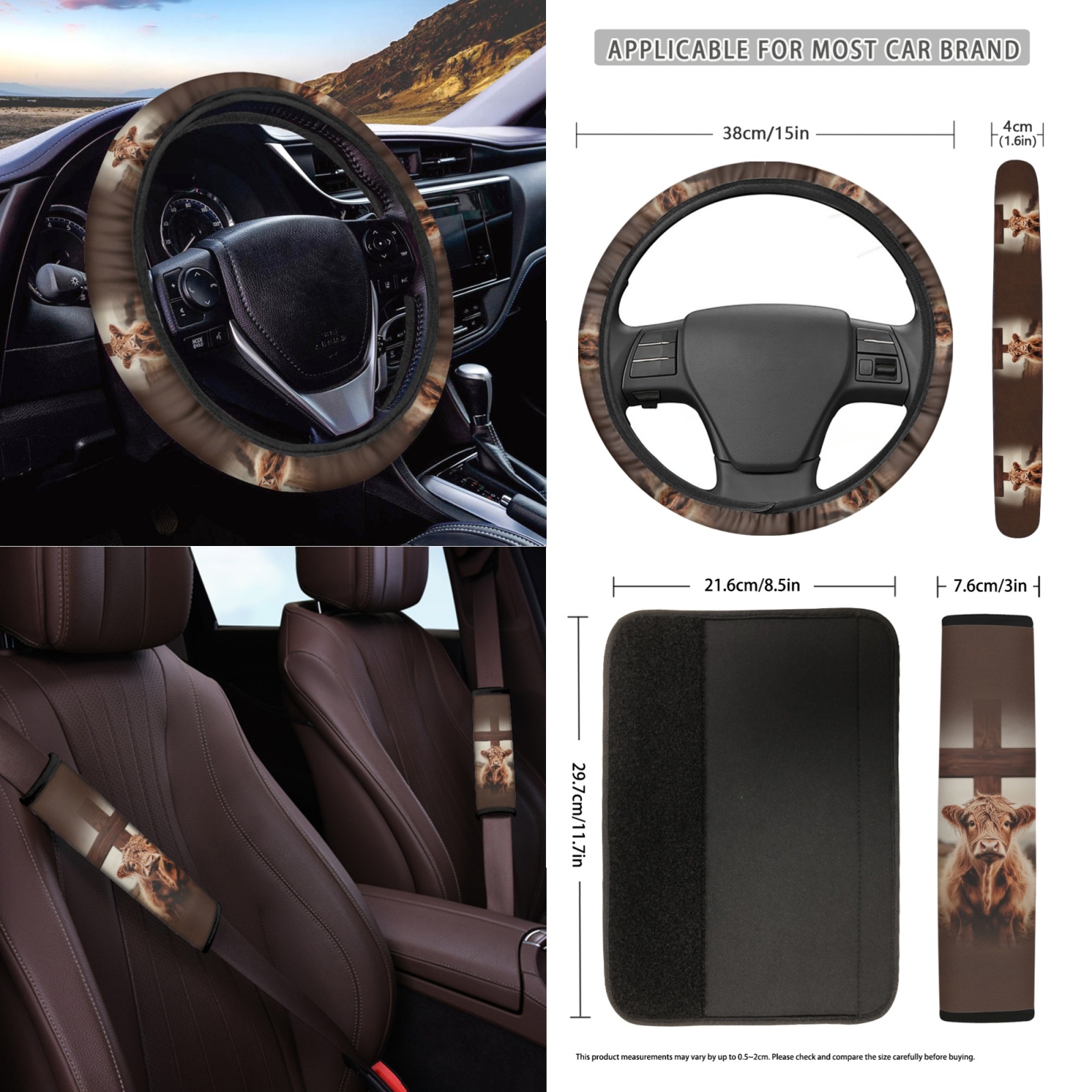 Renewold Highland Cow Cross 12 PCS Front Car Seat Cover Full Set, with Steering Wheel Seat Belt Rear View Mirror Cover Armrest Mat Trash Bag Air Vent Bag Coasters Key Chain Auto Accessories