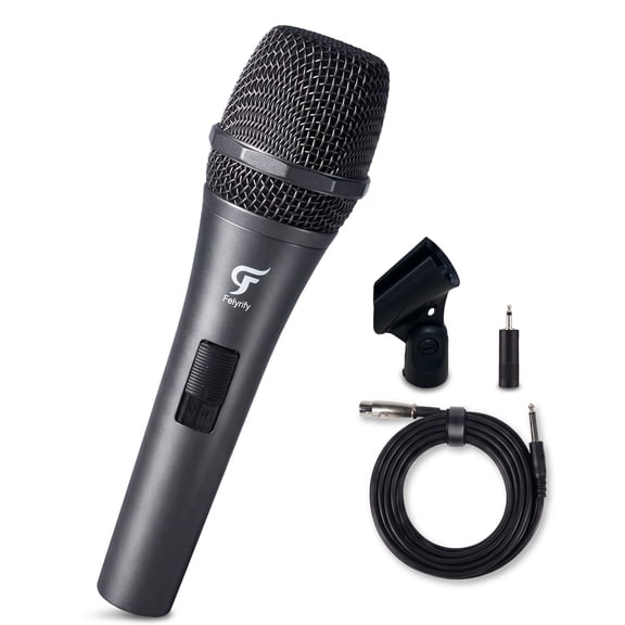 F Felyrify D350X All-Metal Wired Karaoke Microphone, Corded Cardioid Dynamic Mic with XLR to 1/4" Cable, 3.5mm Adapter & Clip for Singing, Stage