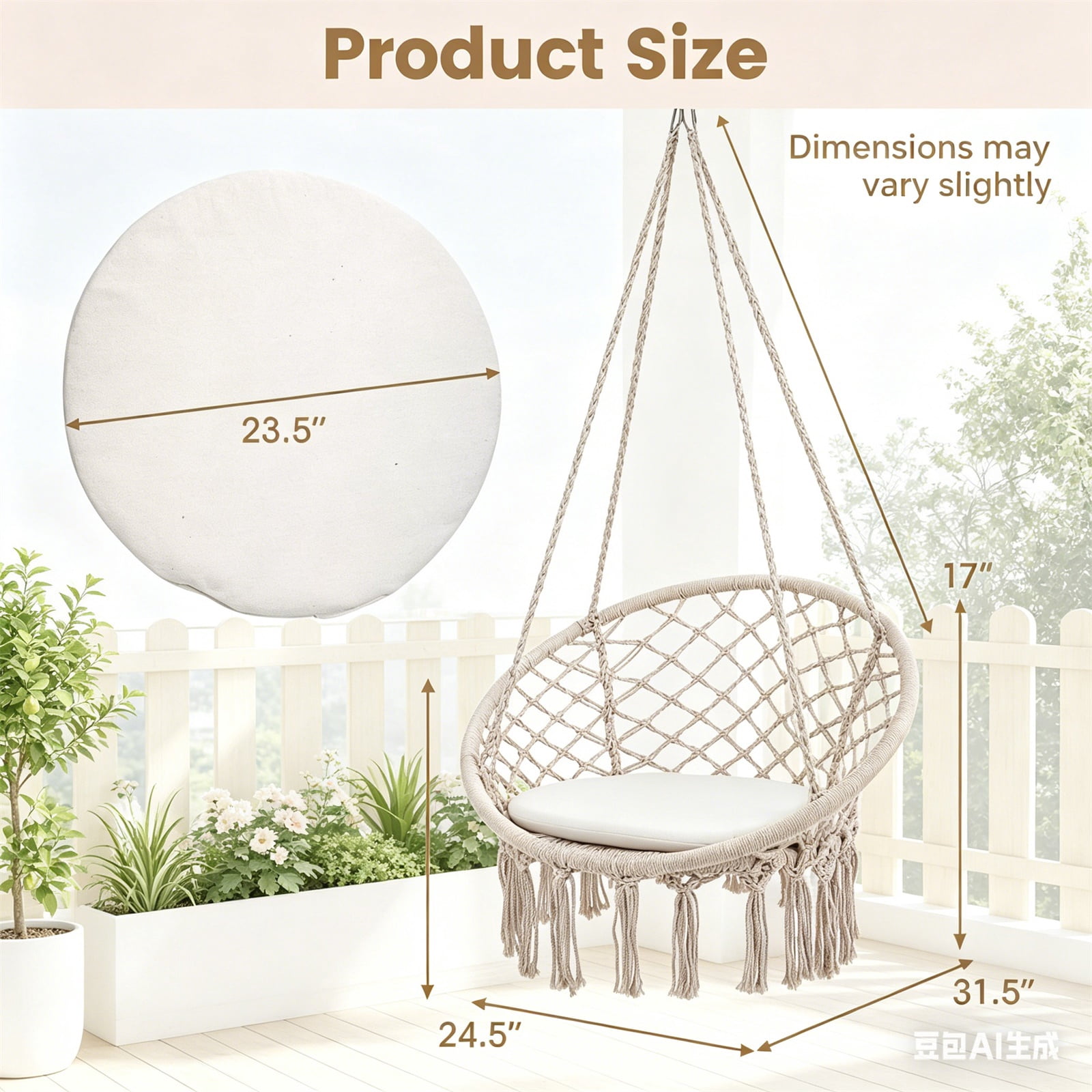 Hommoo Macrame Swing Chair Hammock Chair with Round Cushion Seat, Handmade Knitted Relax Hanging Cotton Rope Chair for Home, Beige