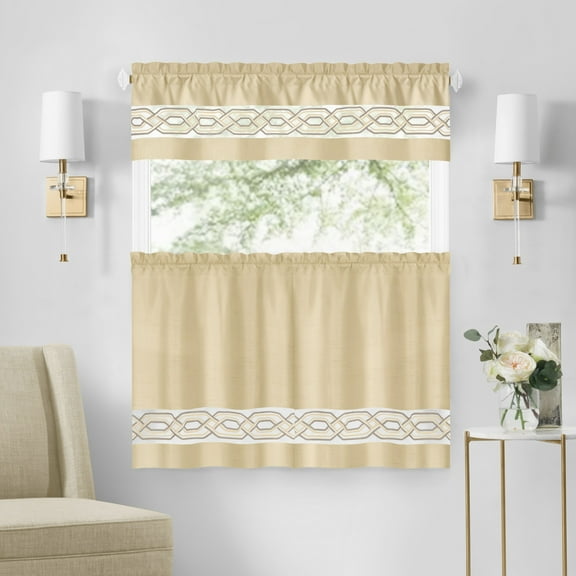 Achim Paige Rod Pocket Light Filtering Tier and Valance Curtain Set, Tan, 55" x 36"