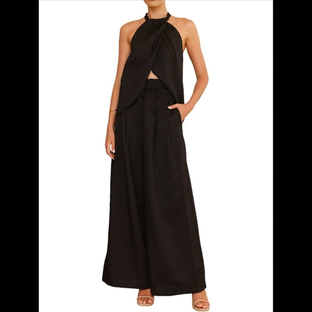 Conjunto de Dos Piezas para Mujer, Verano 2025, Informal, Sin Mangas, Cuello Alto, Top Corto, Pantalones de Pierna . Negro L