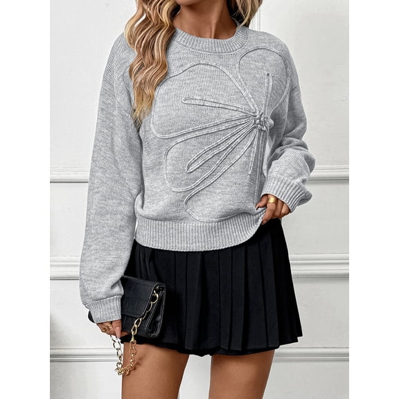 Women's Crew Neck 3D Flower Embroidered Sweater, Long Sleeve Loose Knit Pullover Top for Daily Wear