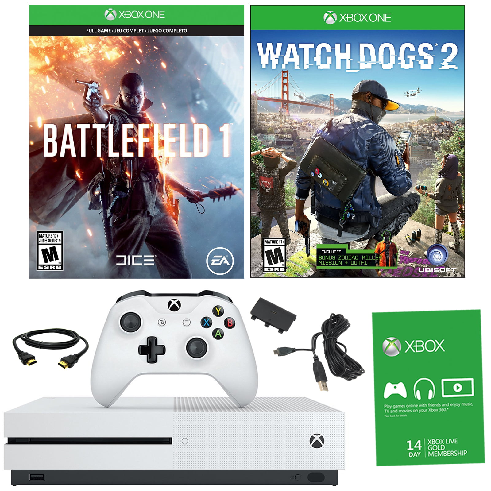 Xbox One S 500gb Battlefield 1 Bundle With Watch Dogs 2 Battery