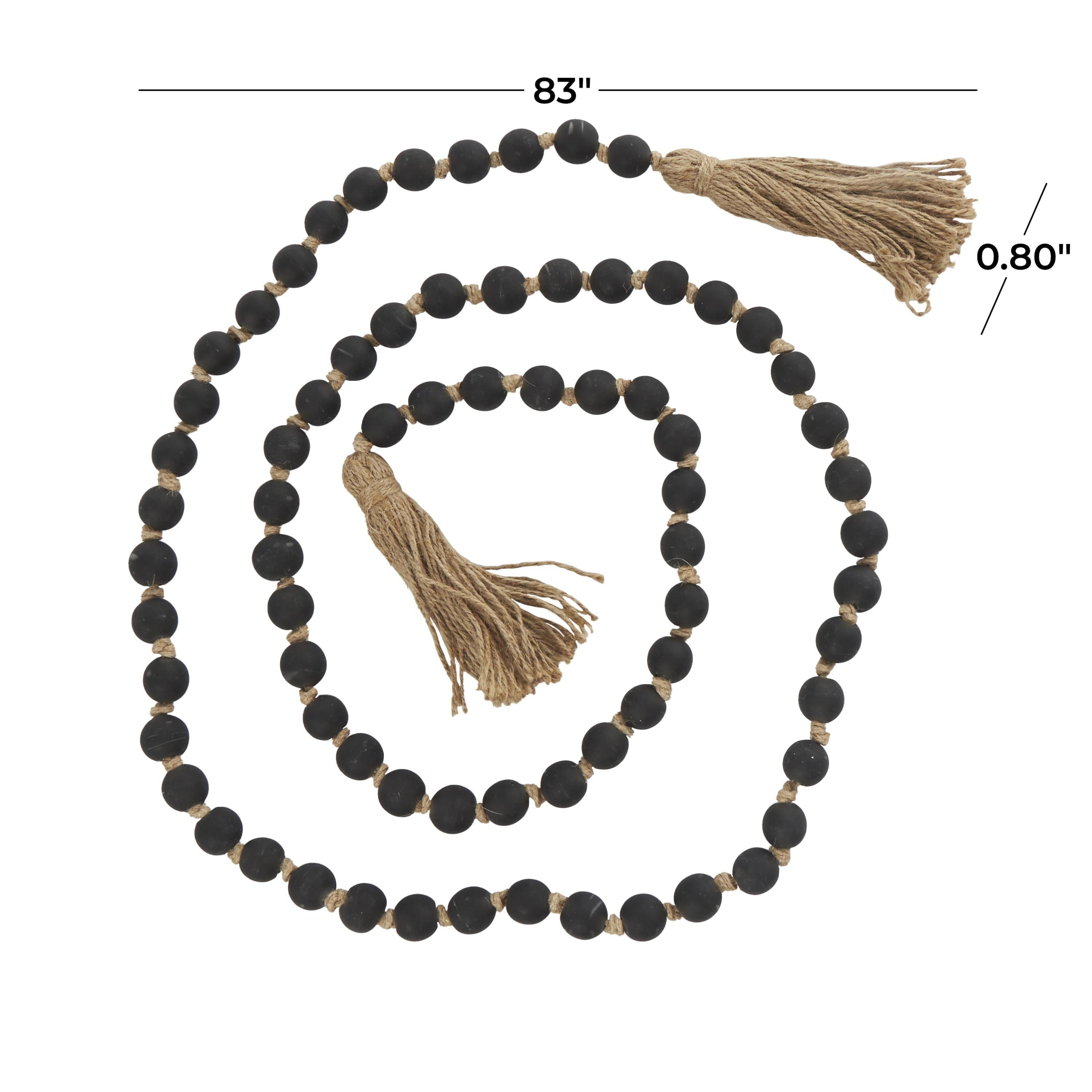 DecMode Handmade Round Long Frosted Black Glass Garland with Tassel with Knotted Brown Jute