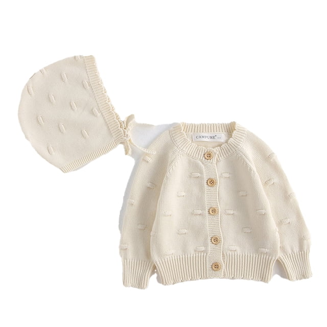YTDSCS Toddler Baby Girls Knit Sweater Cardigans Long Sleeve Button up Knitwear Jacket Newborn Fall Winter Solid Color Sweaters Send Hat 3-24 Months