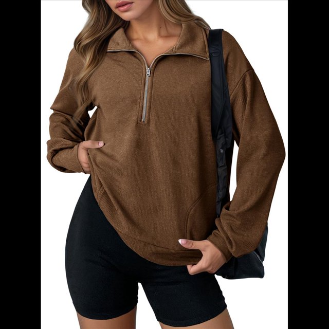 Sudadera Ligera y Suave de Larga con Solapa y Media Cremallera para Mujer, Estilo Informal, Holgada y con Cuello de . Café L