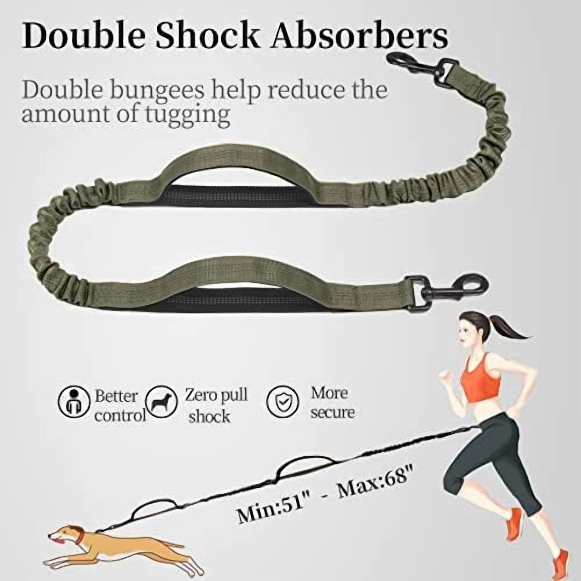 Hands Free Dog Leash with Zipper Pouch, Dual Padded Handles and Durable Bungee for Walking, Jogging and Running Your Dog (Large, 25-120 lbs, Military Green)