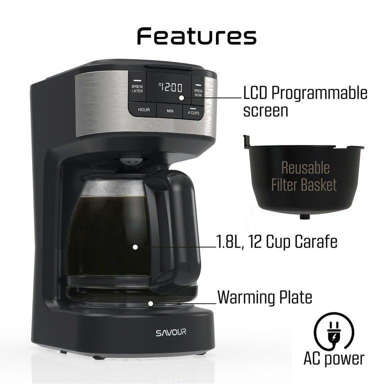 Savour by Tzumi 12-Cup Programmable Coffee Maker AC-Powered Brewing  Machine, Black
