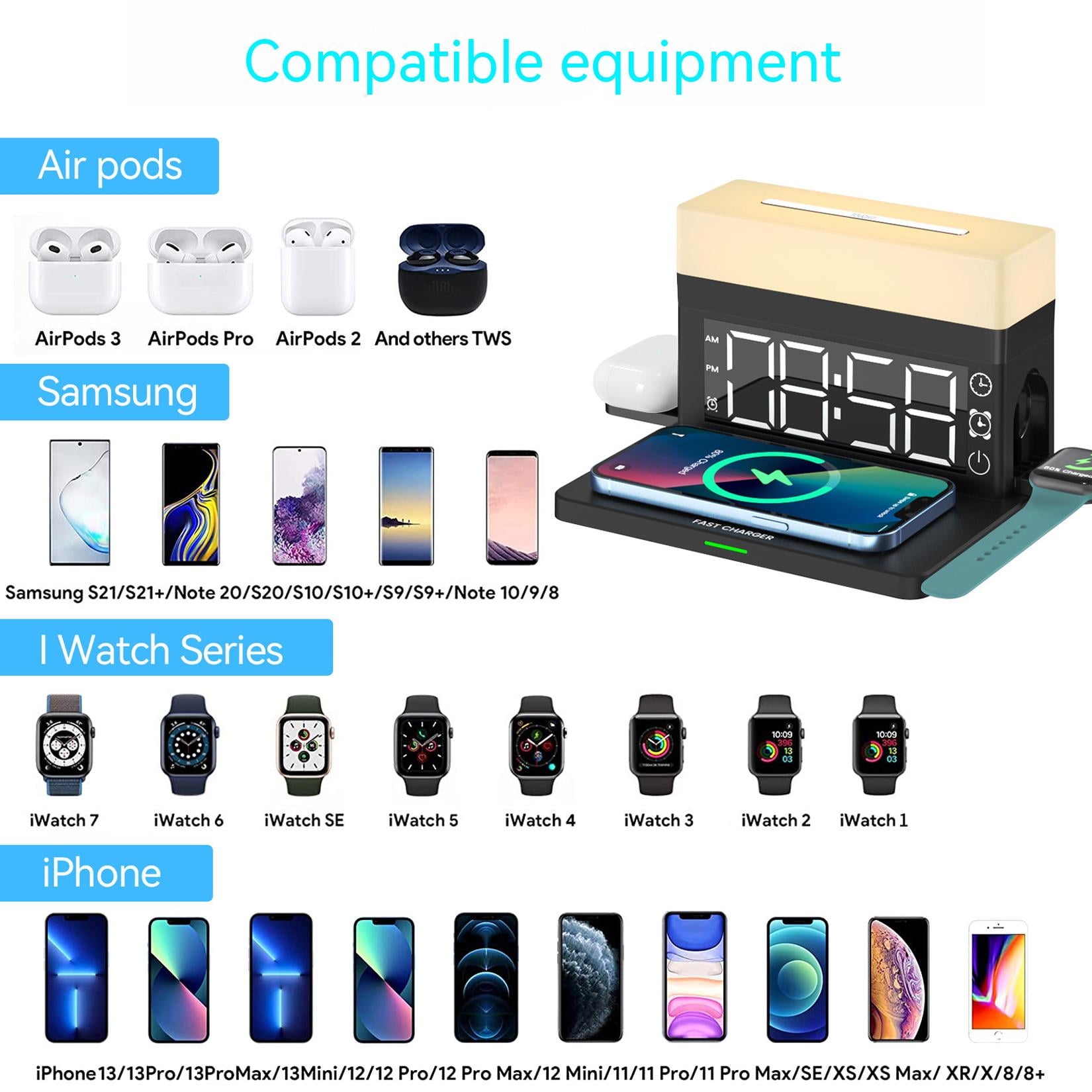 6 in 1 Wireless Charger,6 in 1 Wireless Charging Station with Digital Alarm Clock,Clock,Colorful Atmosphere Night Light,15W Fast Charger Compatible with iPhone 14/13/12/11/XS/8 Samsung Galaxy AirPods