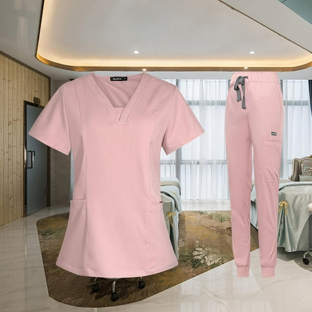 Ruiboury Ensemble de Blouse Médicale pour Femme Col en v Manches Courtes Lavables Rose m 1ensemble