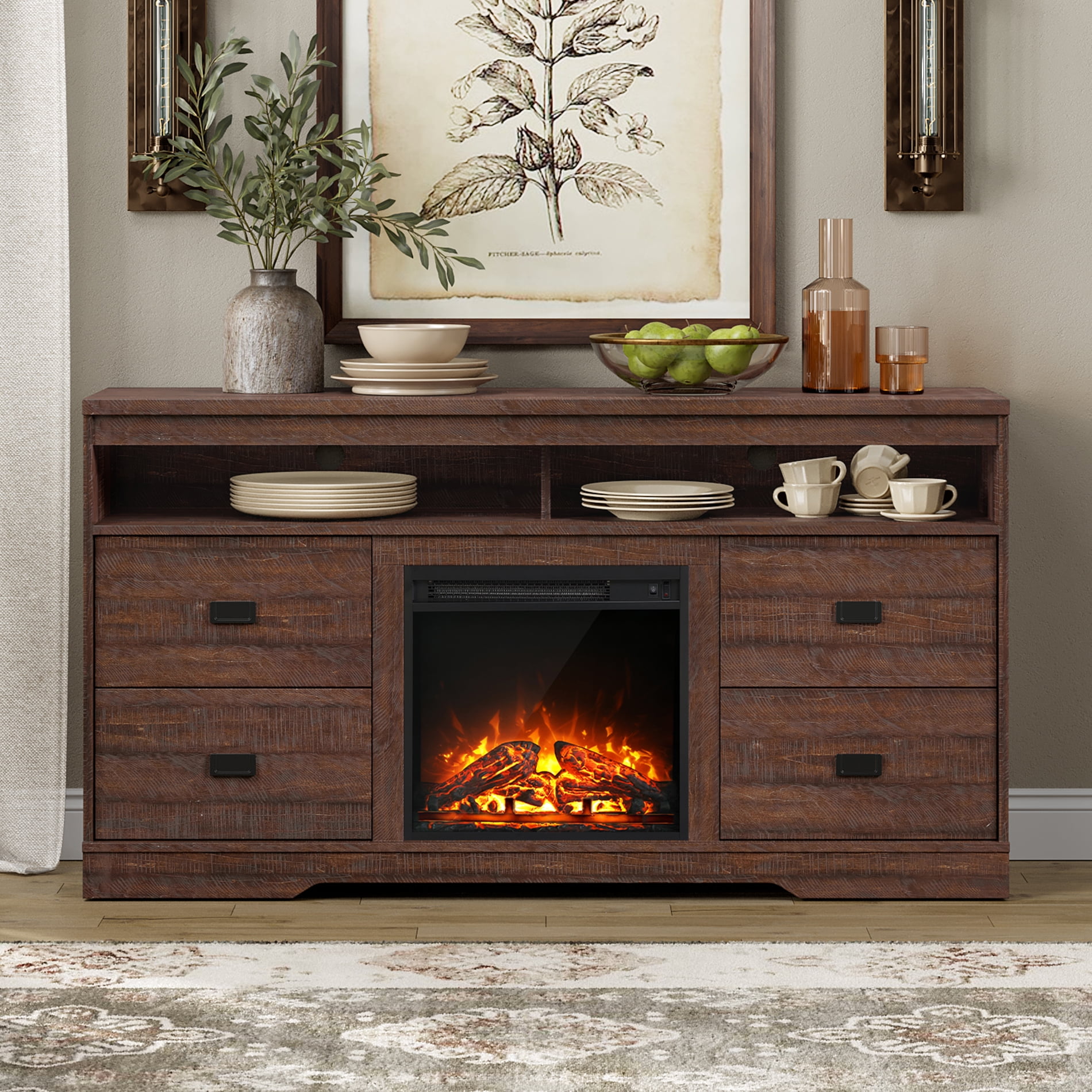 FITUEYES Rustic Gray Electric Fireplace TV Stand for TVs Up to 65" Entertainment Center with Storage