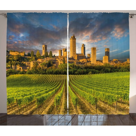 Ambesonne Italy Curtains 2 Panel Set, San Gimignano Vineyards, 108" x 63", Green Apricot Blue