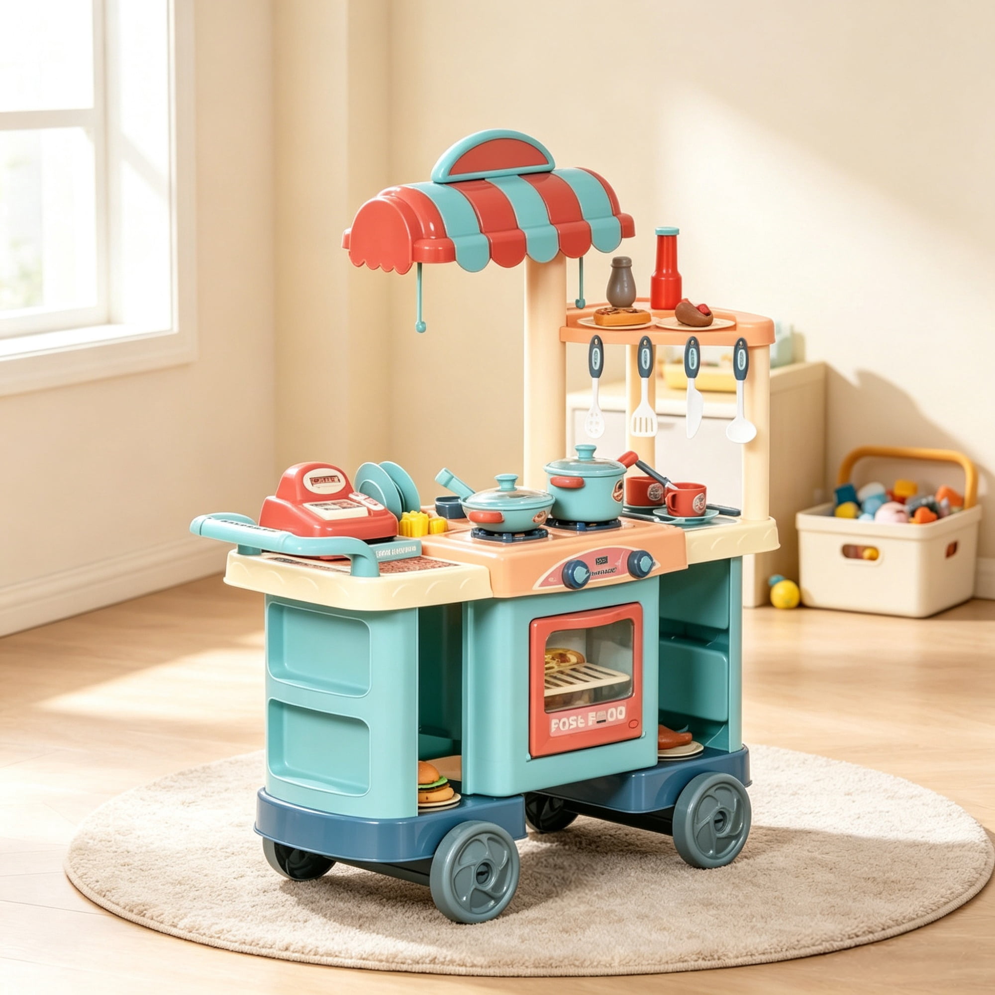 Kids Kitchen Food Stand with Play Food, Cashier Register, for 3-6Y Kids Grocery Store Pretend Play & Social Skill Training