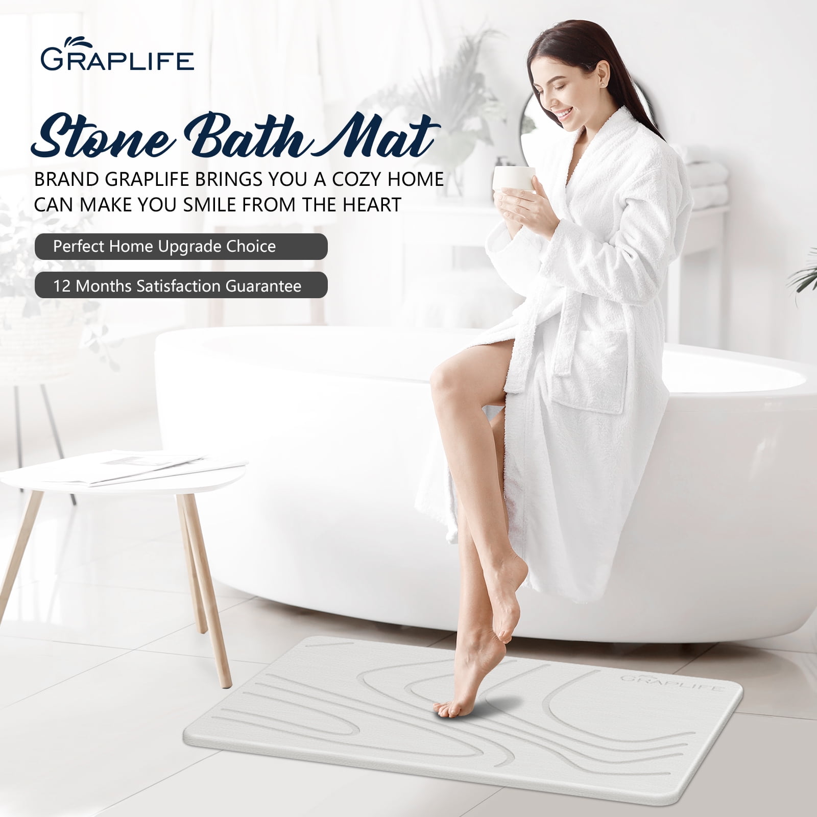 Graplife - Stone Bath Mat, Diatomaceous Earth Shower Mat, Non-Slip Super