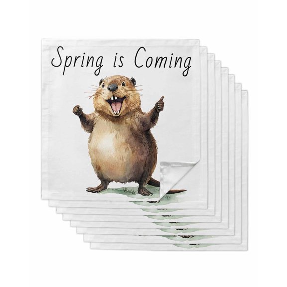 nqOlkjepod Happy Groundhog Day Cloth Napkins Set of 8 Reusable Dinner Napkins, Funny Cute Animal Spring Pastoral Cocktail Napkin Washable Table Napkins for Wedding/Holiday Party/Baby Shower 20"x20"