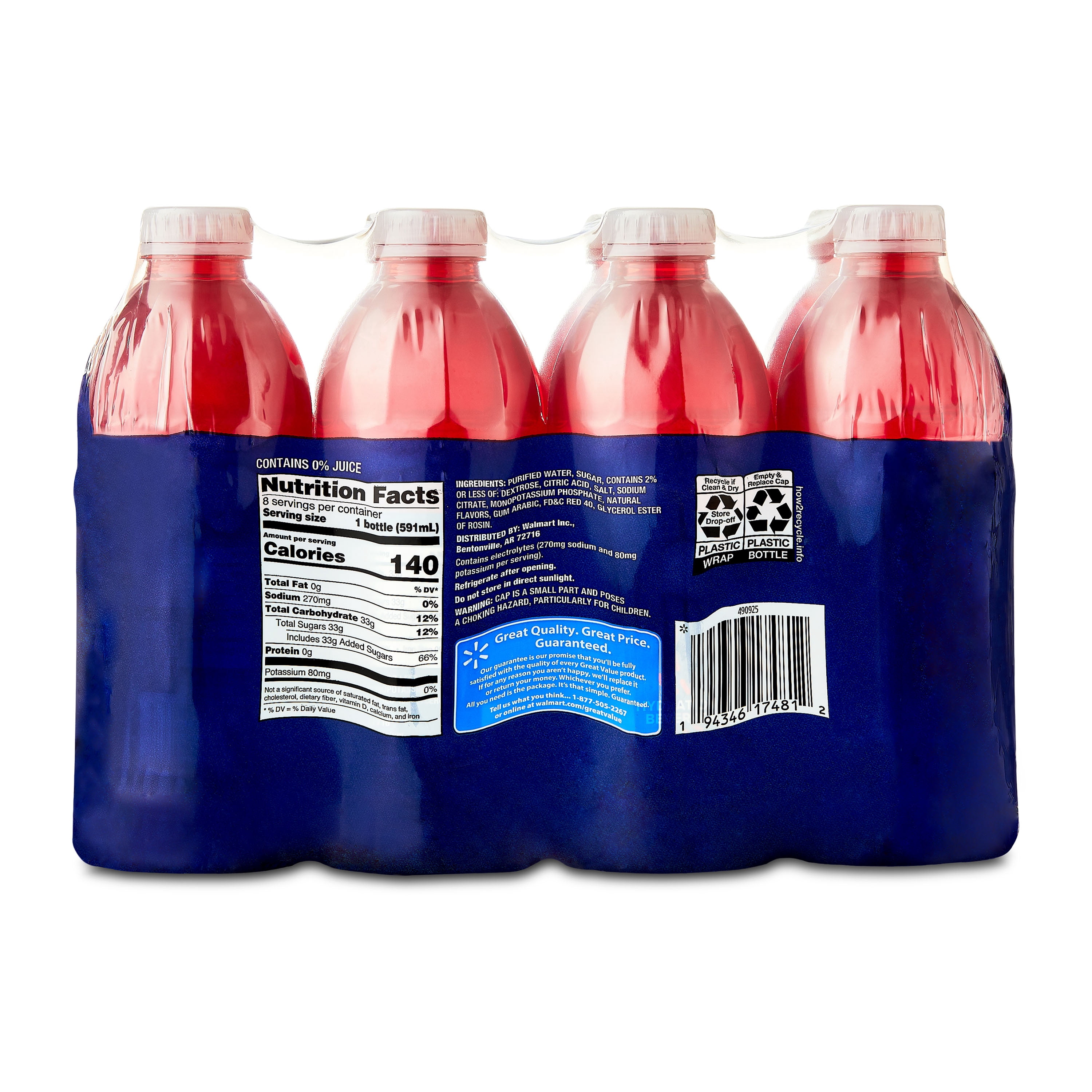 Great Value Sports Hydration Drink, Fruit Punch, 20 fl oz, 8 Bottles