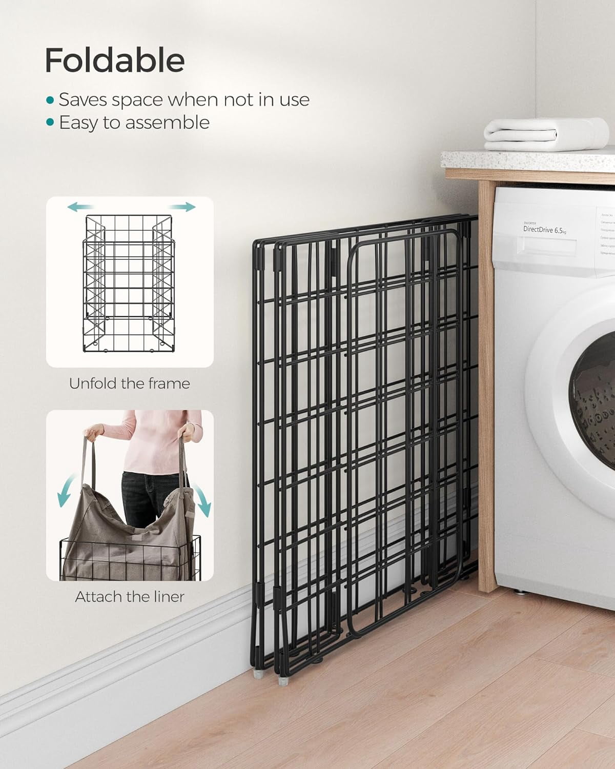 Laundry Hamper, 23.8 Gal. Laundry Basket, Collapsible Clothes Hamper, Removable and Washable Liner for Bedroom Bathroom, Black and Camel Brown