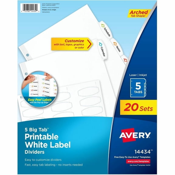 Avery 5-Tab White Label Dividers, Big Tabs (20 Sets of 14434)