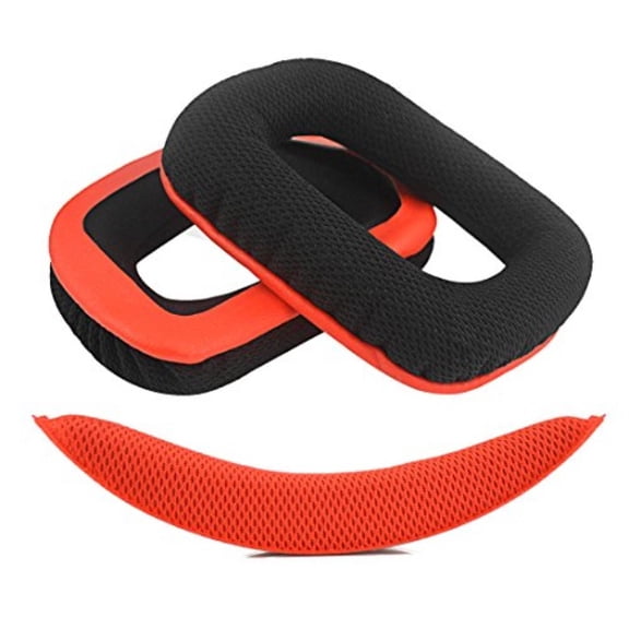 Geekria QuickFit Mesh Fabric Replacement Ear Pads for Logitech G430, G930 Headphone Ear Pad and Headband Pad/ Ear Cushion   Headband Cushion/ Repair Parts Suit ( Red-Black )
