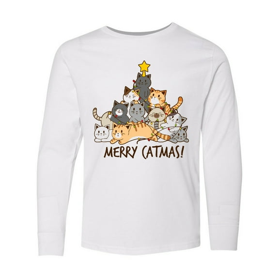 Inktastic Merry Catmas with Cat Tree and Yellow Star Long Sleeve Youth T-Shirt