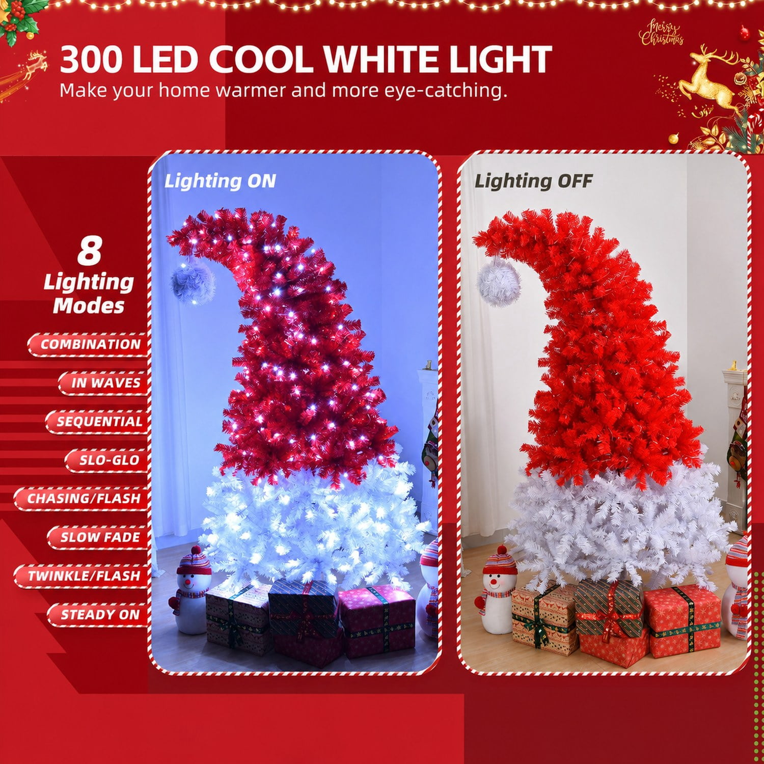 Astoutdoor 6 ft Santa Hat Style Pre-Lit Christmas Tree, Red and White, 300 Lights, 1050 Branch Tips