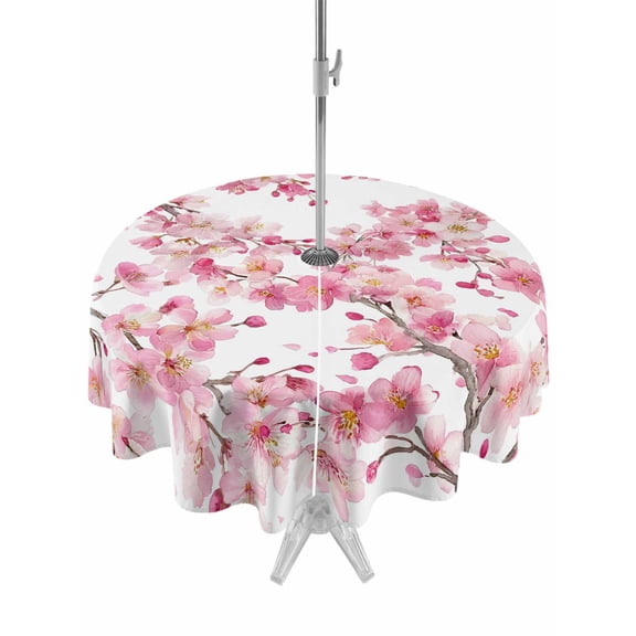 Outdoor Tablecloth with Umbrella Hole and Zipper, Spring Peach Flowers Round Table Cloth 54 Inch Waterproof Tablecloth, Pink Botanical Floral Leaves Branch Picnic Table Cover for Patio Camping