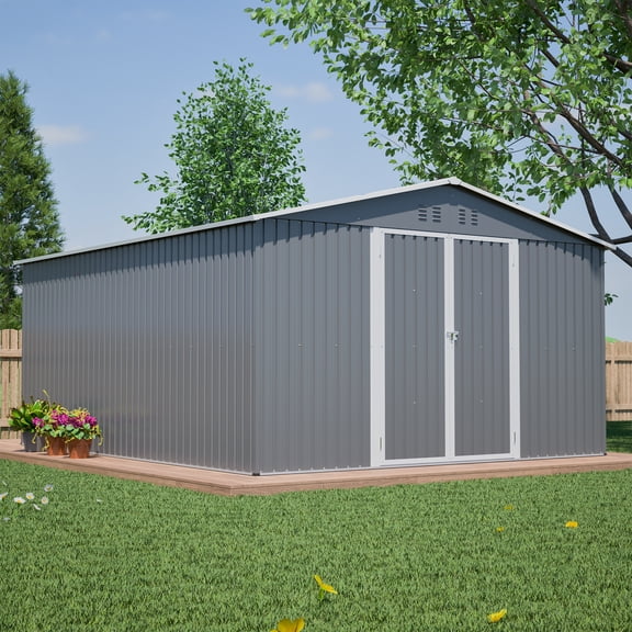 DTTRA 11x13 ft Heavy Duty Metal Storage Shed, Lockable Garden Tool House with Floor Frame, Gray