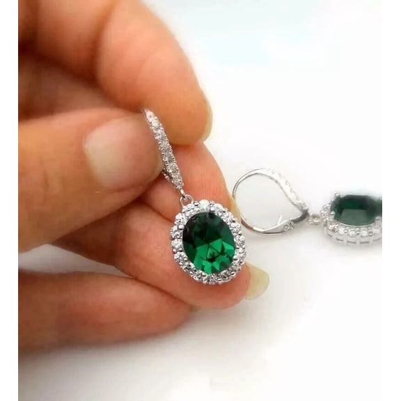 Women's 2.50Ct Oval Cut Simulated Green Emerald Women's Dangle Halo Earrings 14K White Gold Plated 925 sILVER