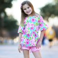 thumbnail image 3 of AnnLoren Little & Big Girls 3/4 Angel Sleeve Pink Green Big Floral Cotton Knit Ruffle Shirt, 3 of 8