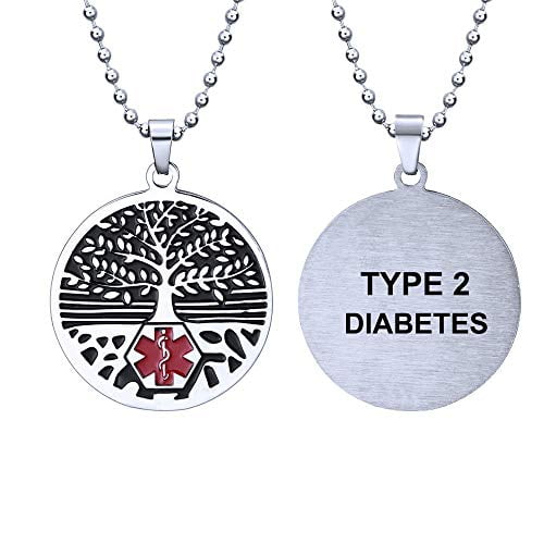 Stainless steel tree of life medical alert ID emergency first aid necklace (TYPE DIABETES 2)