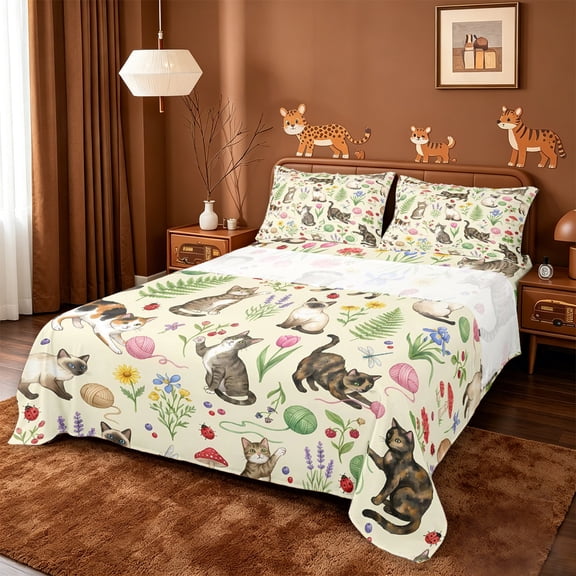 meiyoeat spring Garden Kitten Bed Sheets,Floral Cat Print Full Size Sheets,4 Pieces,1 Flat Sheet,1 Fitted Sheet and 2 Pillowcases