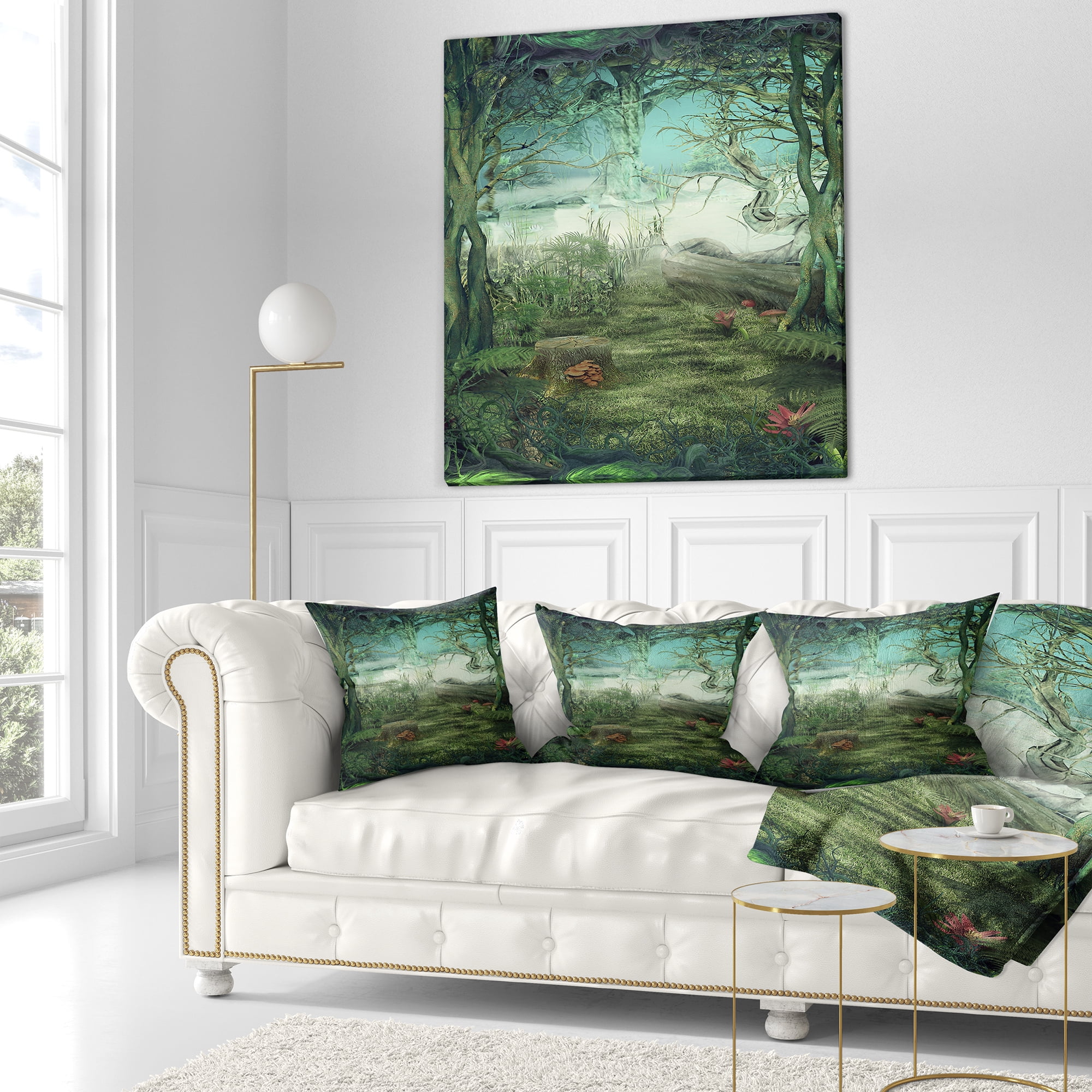 Designart Green Forest Glade - Landscape Printed Throw Pillow - 16x16