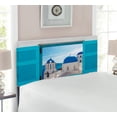 thumbnail image 2 of Landscape Headboard, Window View of Classical Building Domes Oia Santorini Greece Travel, Upholstered Decorative Metal Bed Headboard with Memory Foam, Twin Size, Aqua Blue White, by Ambesonne, 2 of 4