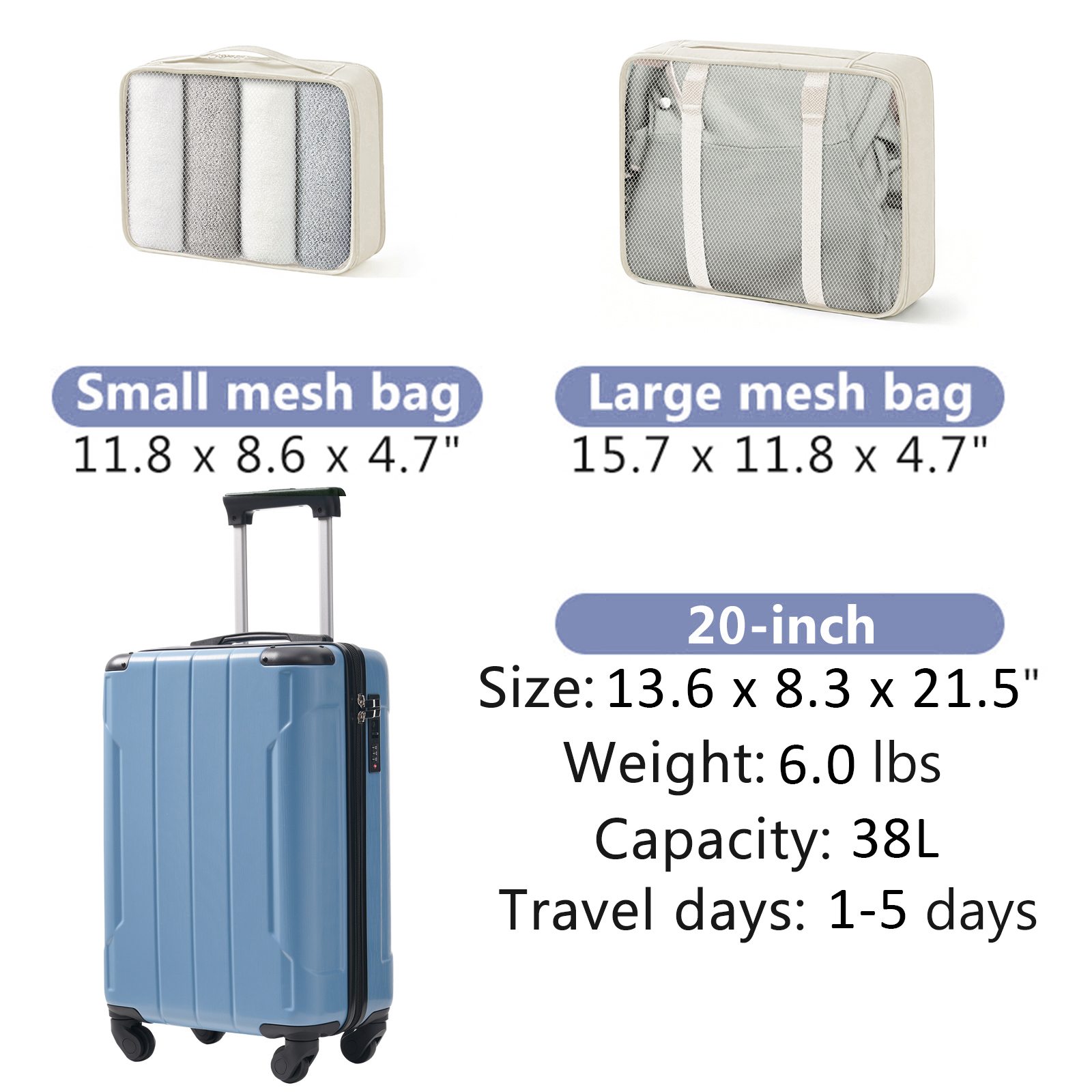 Euroco 3 Piece Luggage Sets,20" Hardshell Carry-On Luggage with 2 Packing Cubes,TSA Lock and Spinner Wheels,Lightweight Durable Suitcase Set for Men Women,Grey Blue