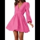 thumbnail image 3 of Vestido Mini de Larga con Escote en V Profundo para Mujer, Corte A, Cintura Alta, Informal, Fluido, Ideal para Invitadas A Cócteles y Bodas Rosa Roja M, 3 of 9