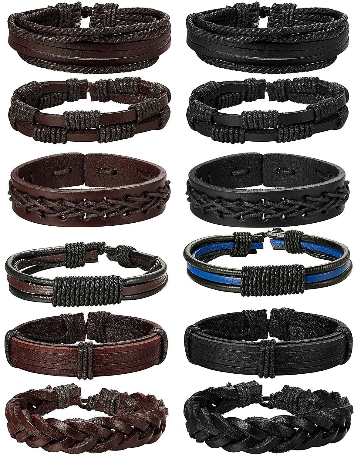 12pcs/set Handmade Braided Leather Bracelets For Men Women Woven Cuff Wrap  Bracelet Wood Beads Ethnic Free Combination Bangle Adjustable