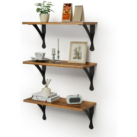 Wood Floating Shelves Set of 3, Wide Display Shelf Wall Mounted with Brackets, Easy Hanging Floating Shelves for Bedroom, Kitchen, Living Room, Bathroom (Rustic Brown)