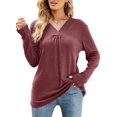 thumbnail image 1 of Mujeres V Masajeadores de cuello manga larga Camiseta suave transpirable color puro flojo dobladillo casual Blusas moda Tops para viajes trabajo vino rojo S, 1 of 6
