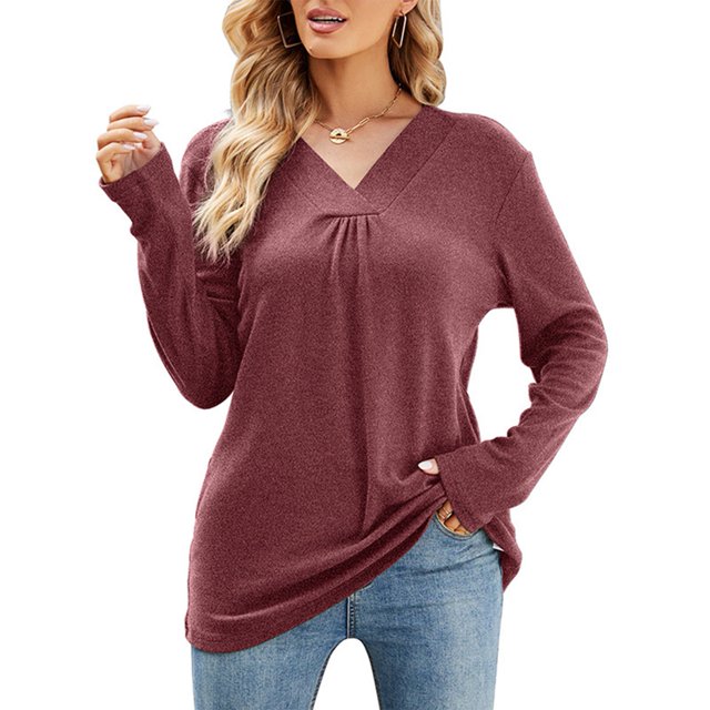 Mujeres V Masajeadores de cuello manga larga Camiseta suave transpirable color puro flojo dobladillo casual Blusas moda Tops para viajes trabajo vino rojo S