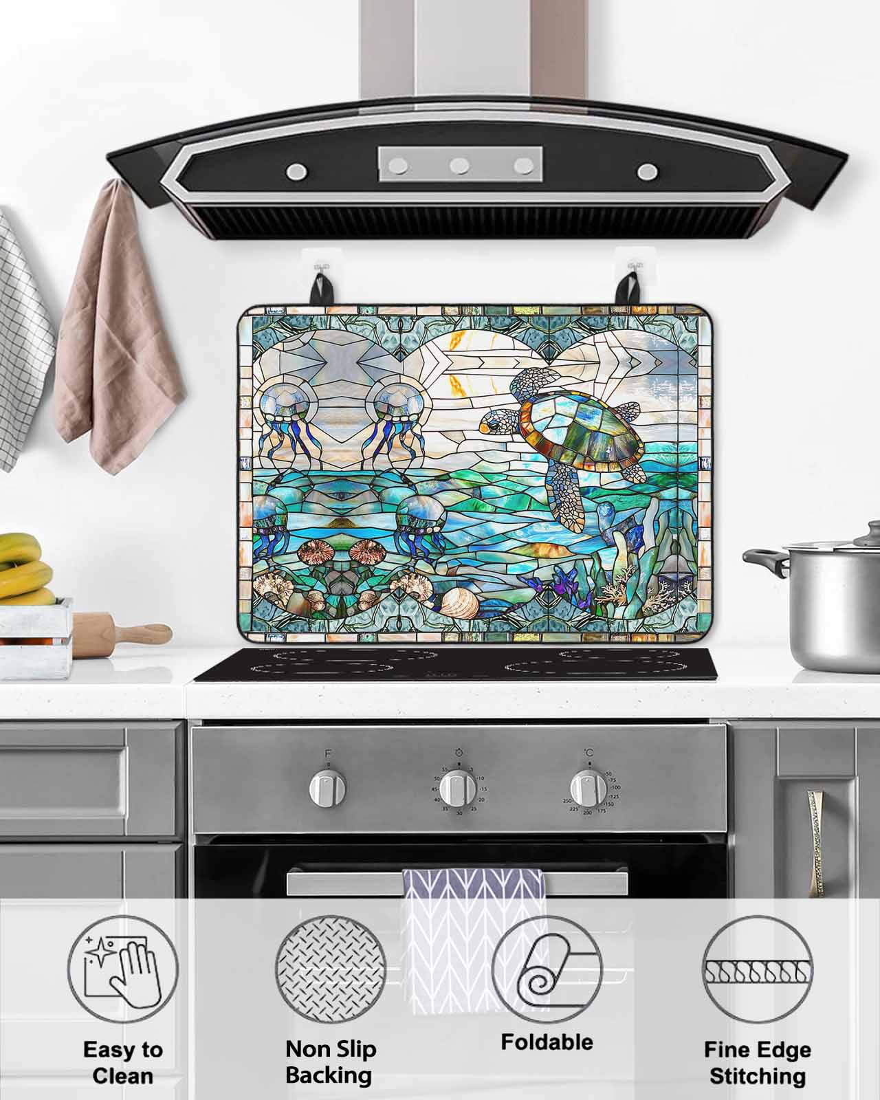 nqOlkjepod Large Induction Cooktop Protector Mat 36"x21", Stained Glass Sea Turtle Stove Top Covers for Electric Stove, Summer Coastal Ocean Jellyfish Stove Burner Cover Mats, Glass Top Stove Cover