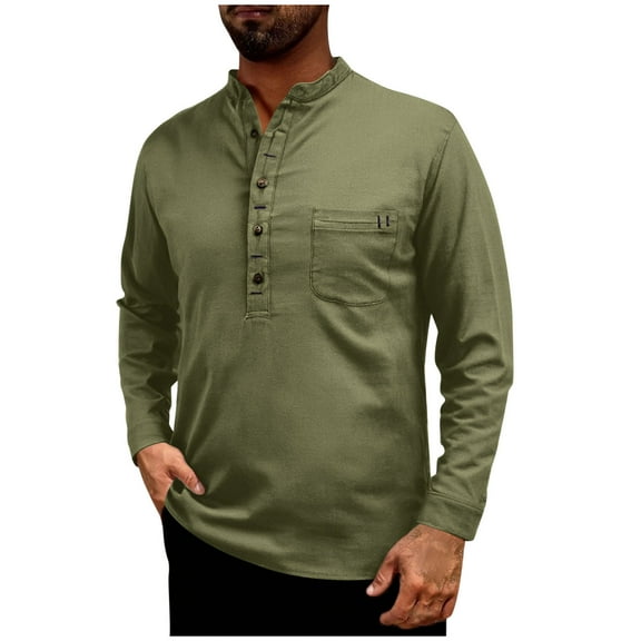 Men Linen Shirts,Solid Color Long Sleeve Stand-up Collar Button Henley Shirt Office Casual Breathable Blouses Outdoor Fashion Pullover Tops Mens Fall Winter Basic Tees with Pocket S-XXL