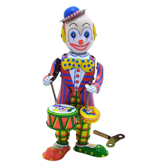 Collectible Tinplate Clown Drummer Model Figurine Iron Toy for Home or Office Decors Fun Nostalgic WindUp Desk Ornament