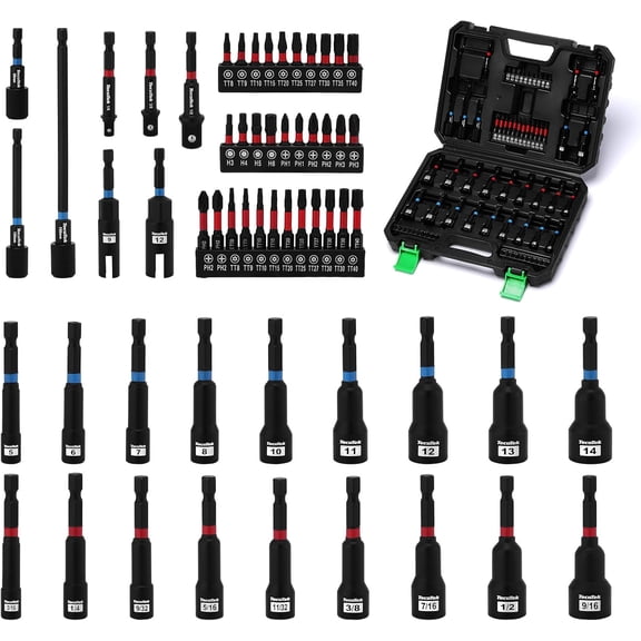 TecoTek 68PCS Impact Magnetic Nut Driver Set, 1/4" Impact Driver Bit Set, Metric & SAE, Socket Adapters, Screwdriver Bit, Quick-Release Extension, Wing Nut Driver