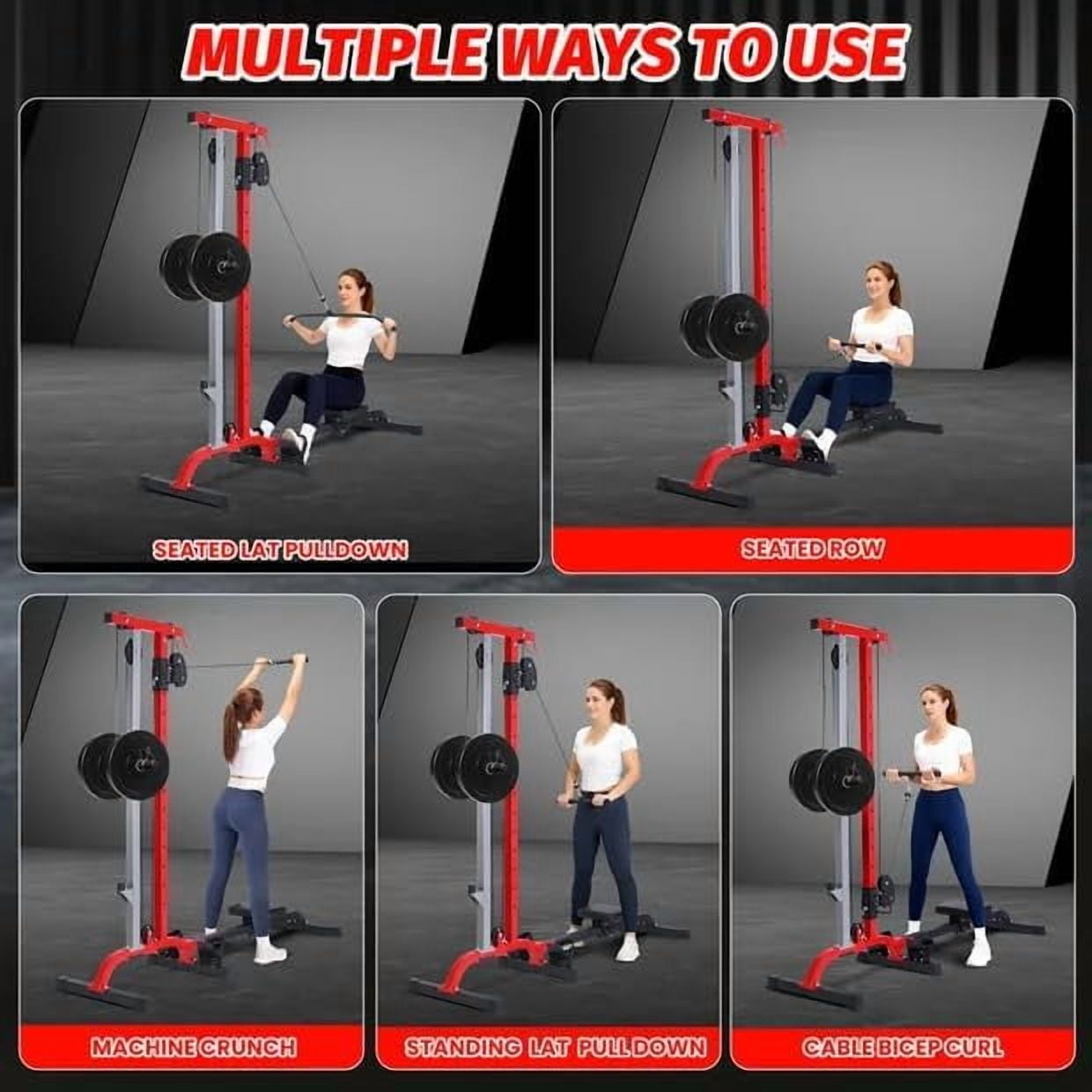 GARVEE 2 in 1 Cable Crossover Machine & Lat Pull Down Machine with Adjustable Weight and Seat,Multi-Function Compact Rowing Machines for Home Gym,Black&Red