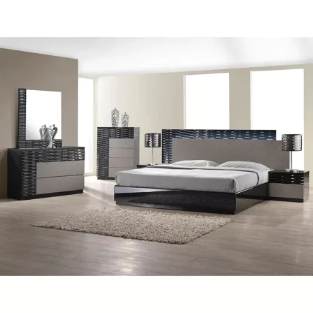 5 Pc Modern Bedroom Set, California King LED Bed, Nightstand Dresser Mirror & Chest, Lacquer Finish, Black/Gray