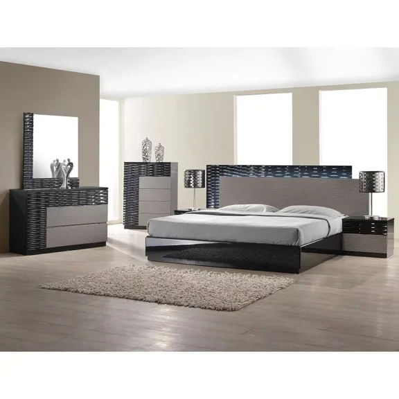 4 Piece Modern Bedroom Set, Eastern King Platform LED Bed, Nightstand Dresser and Mirror, Lacquer Finish, Black/Gray
