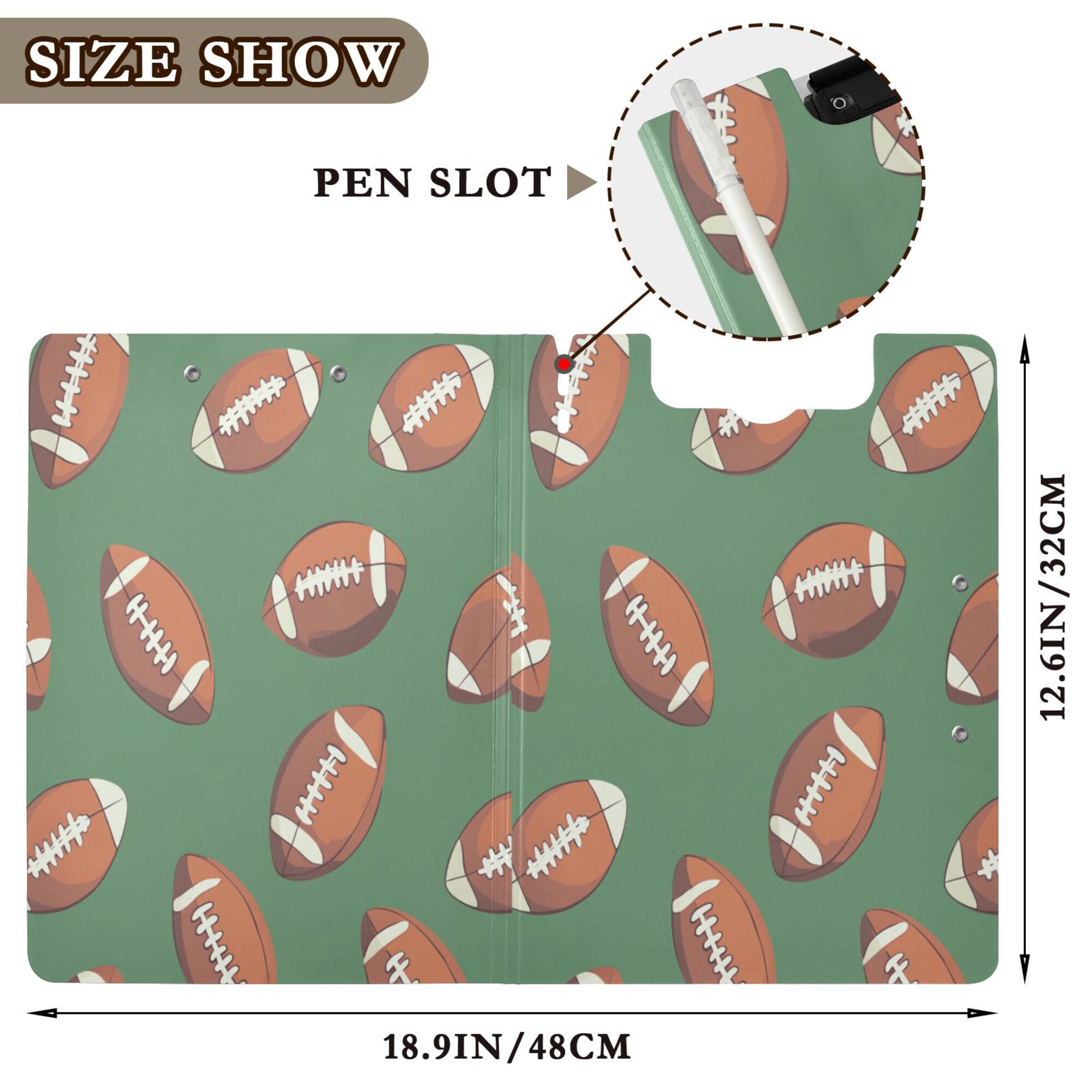 FORMRS A4 Clipboard Folder with Pen Holder Horizontal Foldable School Office Binder, Green American Footballs