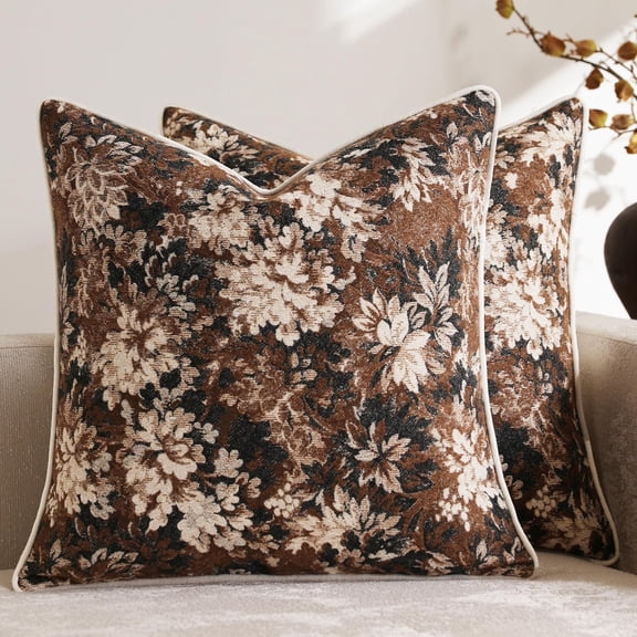 Floral Throw Pillow Covers, 18x18 Set of 2 Vintage Boho Farmhouse Accents Chenille Square Decorative Pillow Cases for Living Room Couch Bed Home Decor (without Pillow Core)
