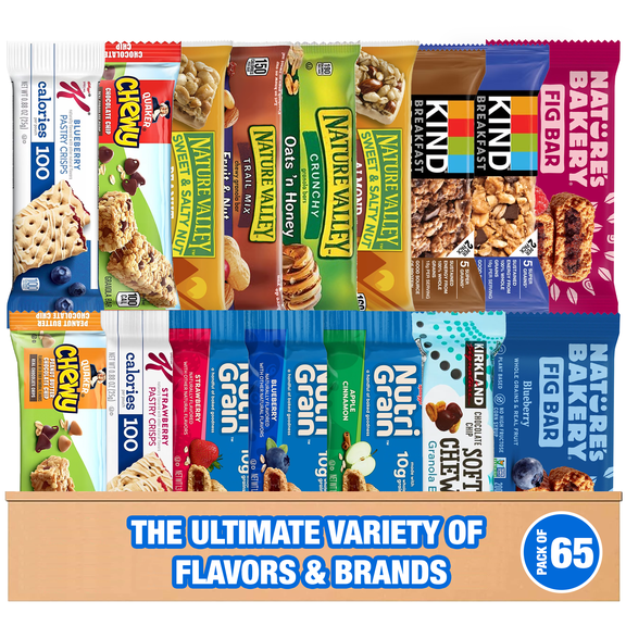 Granola Bars Bulk Variety Pack – 65 Count Healthy Granola Bars Variety Snack Box – Office Snacks & Healthy Breakfast Bars for Adults and Kids – Grab and Go Assorted Flavors