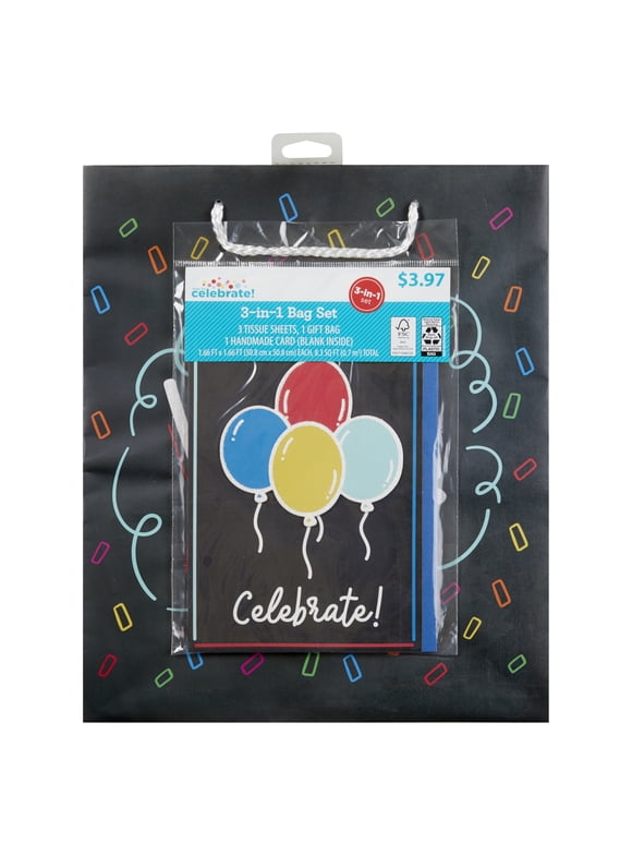 Way to Celebrate, 3 Piece Set, Gift Bag, Gift Tissue and Greeting Card, Chalkboard Balloons